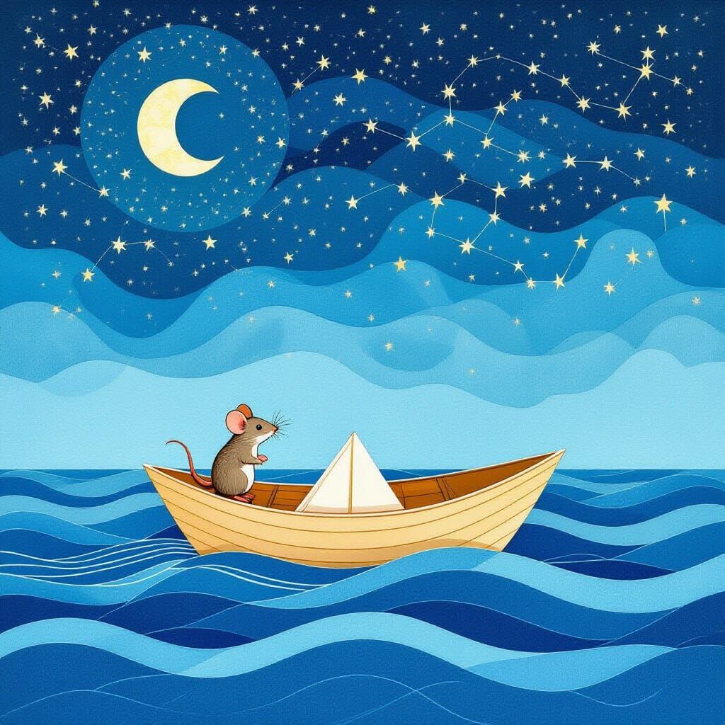 Mouse on Paper Boat Under Starry Sky