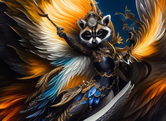 Detailed Raccoon Dragoon with Radiant Wings