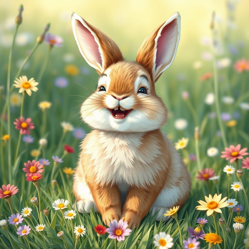 Laughing Bunny in Wildflower Meadow, Whimsical Art