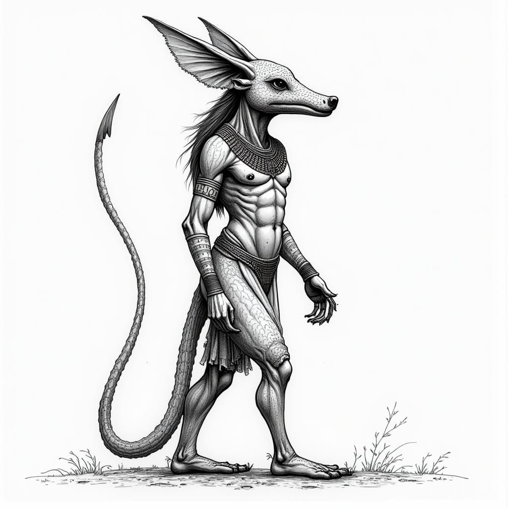 Egyptian Aardvark God with Human Body, Intricate Line Art St...