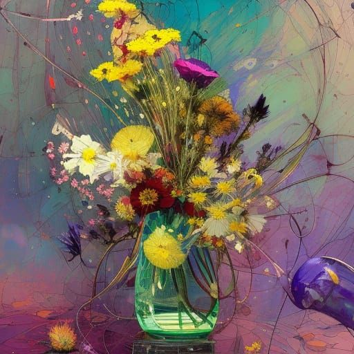 Hyperdetailed Wildflowers in Vase Digital Illustration
