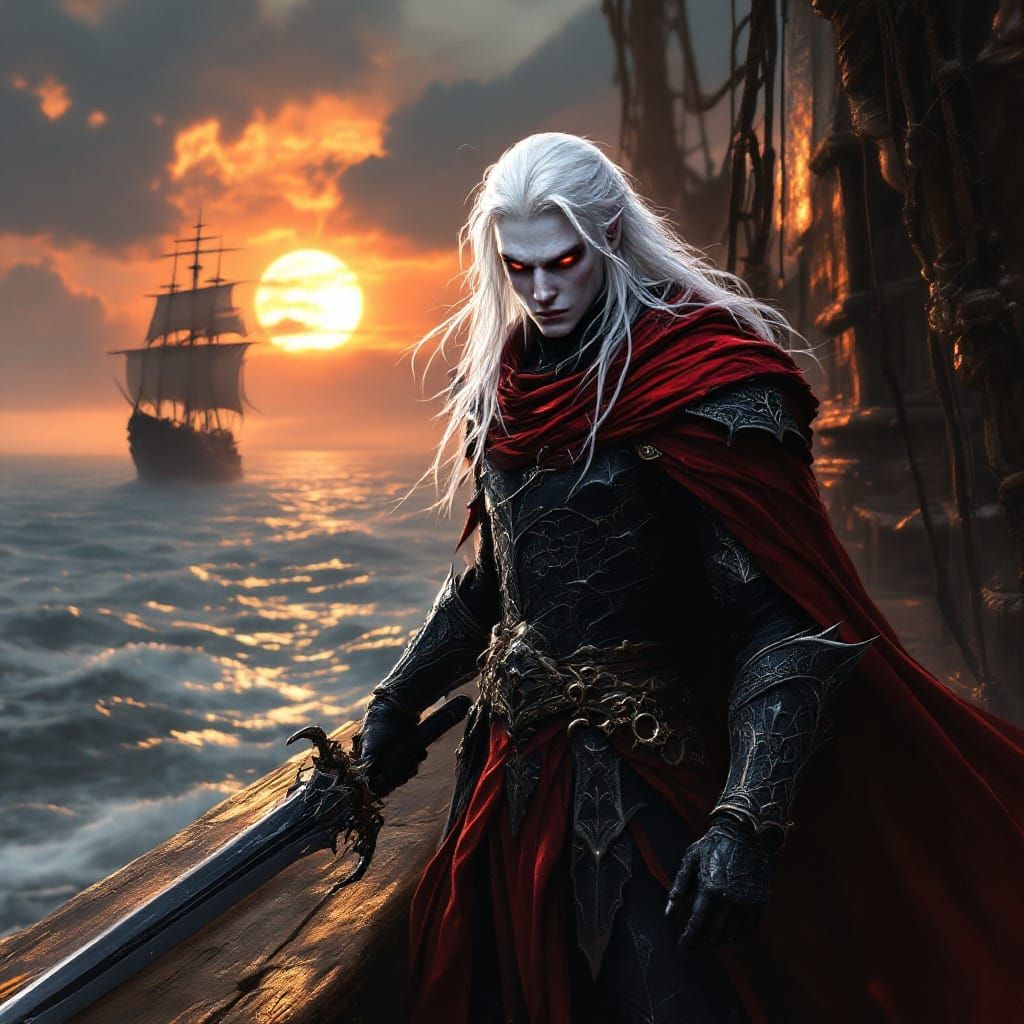 Heroic Drow Warrior Stands Tall on Haunted Airship