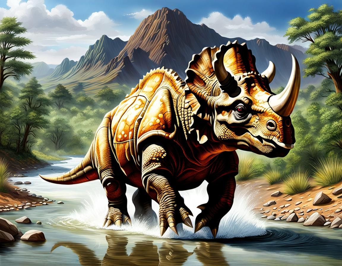 Triceratops Fords River in Photorealistic Cretaceous Scene