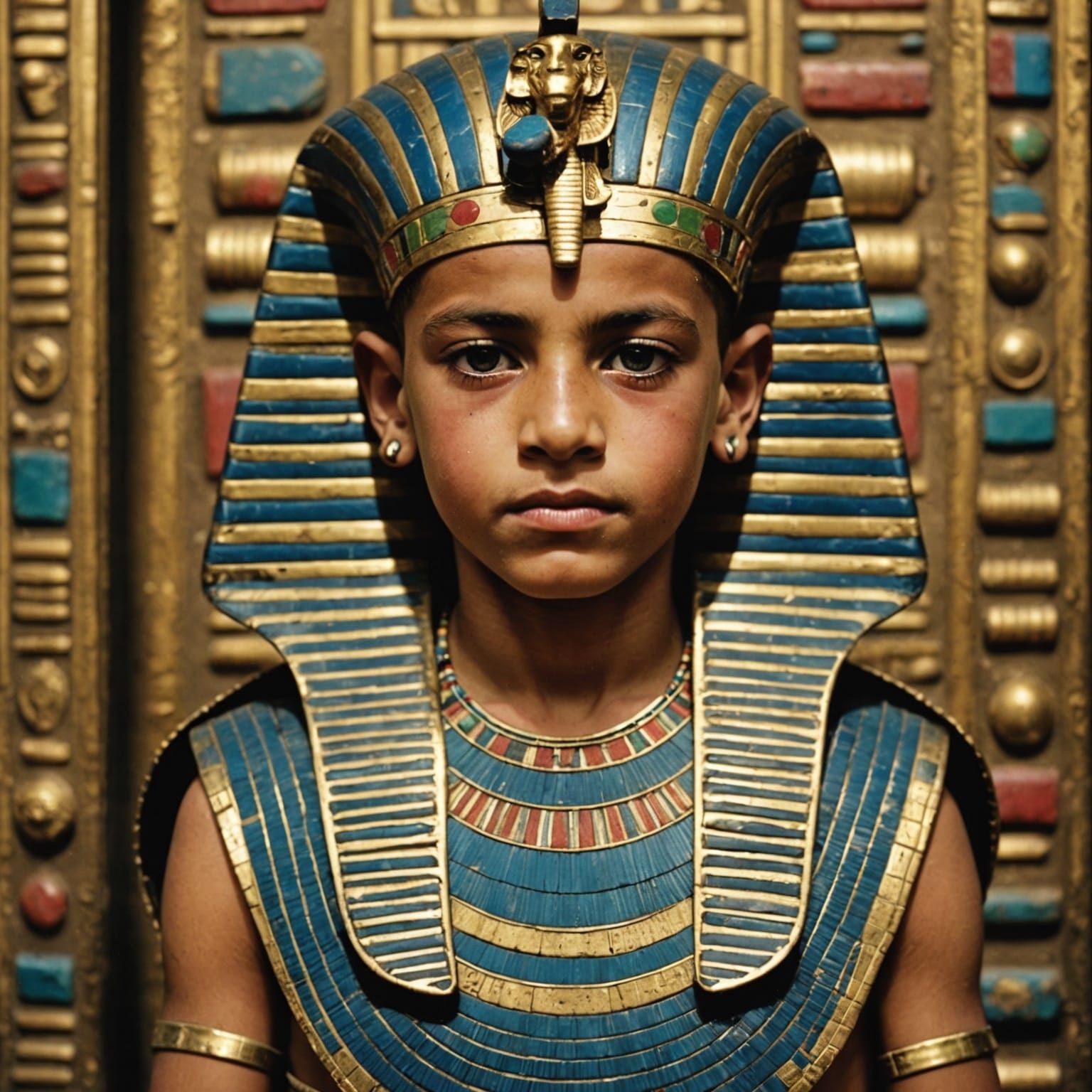 Egyptian Boy with Tutankhamun Pectoral, Colorized Photo