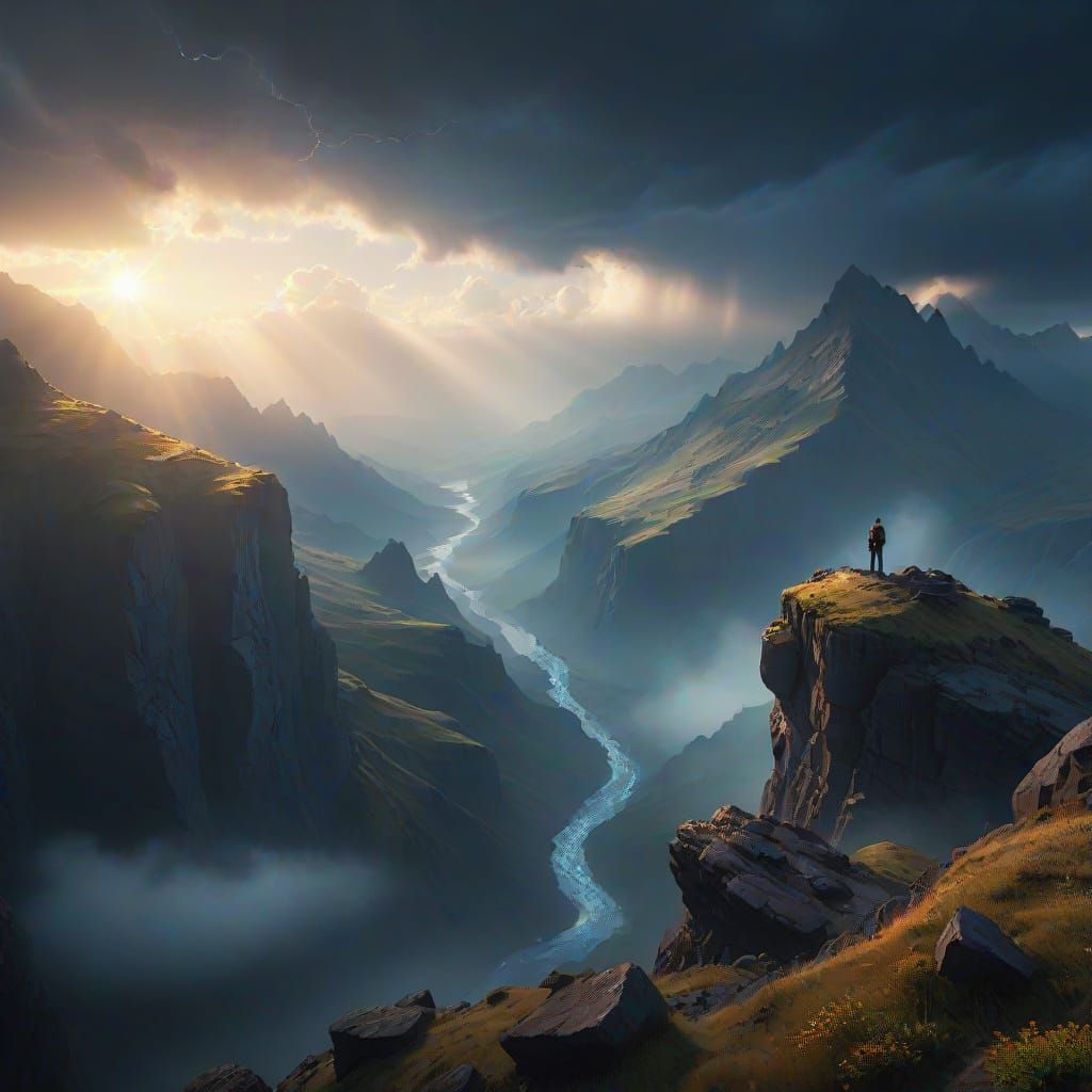 Ethereal Cliffside Moment in a Stormy Valley