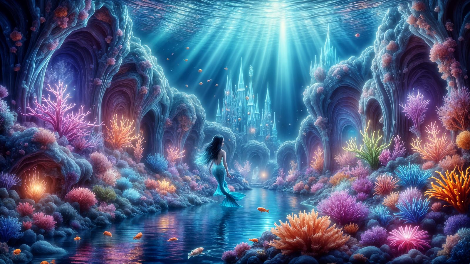 Bioluminescent Underwater Kingdom with Elegant Mermaid