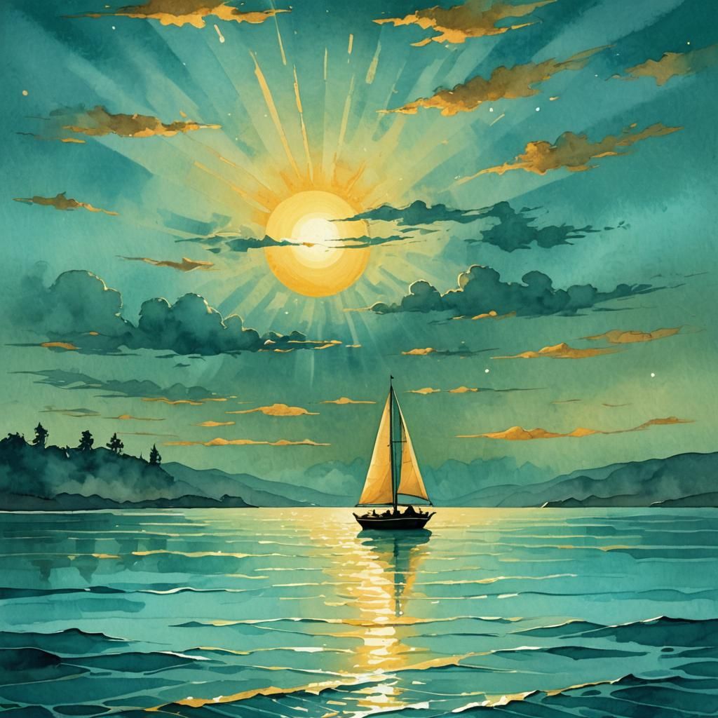 Turquoise Sailboat Silhouetted by Rising Sun: Digital Waterc...