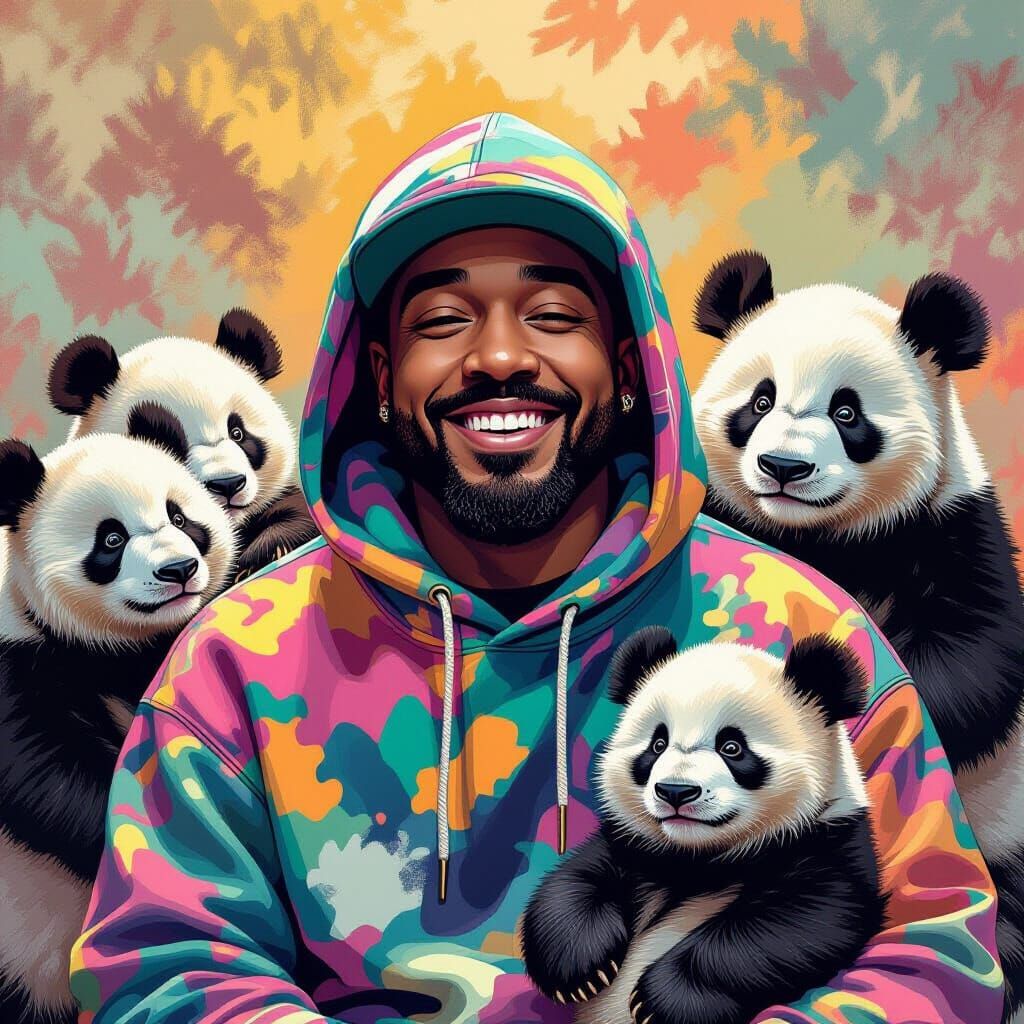 Man and Pandas in Hyperrealistic Splash Art