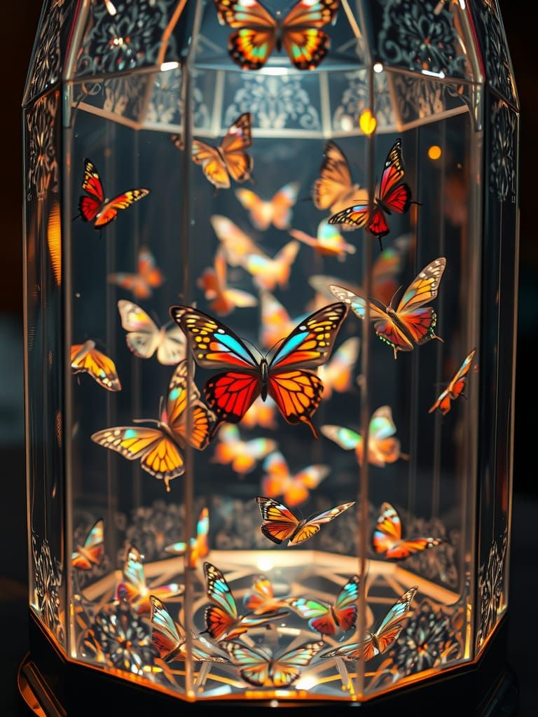 Butterflies in Faceted Glass Case: Hyperrealistic CGI Art