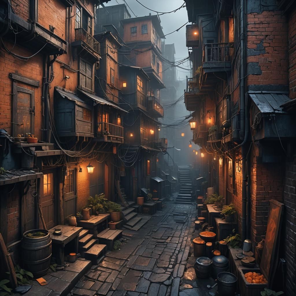 Dystopian Fantasy Alleyway in Cinematic Lighting