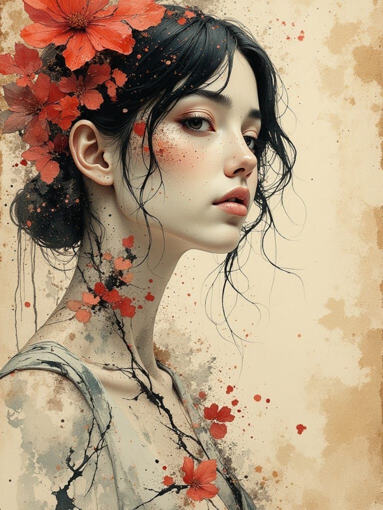 Glitchbloom Ink Portrait of a Feminine Figure