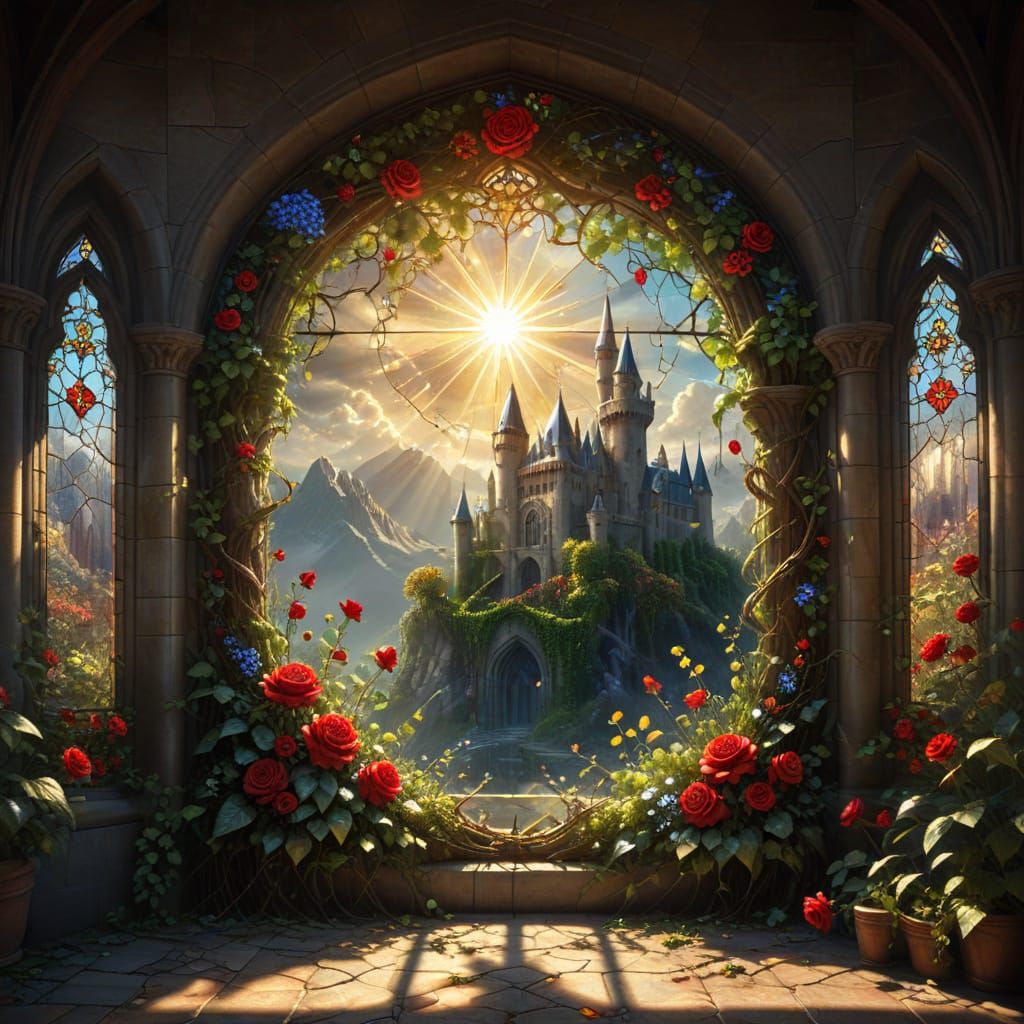 Stained Glass Castle Window with Sunlight and Flowers