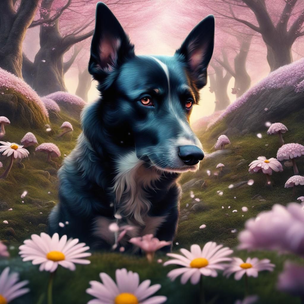 Dog Smelling Daisy in Fantastical Mushroom Forest