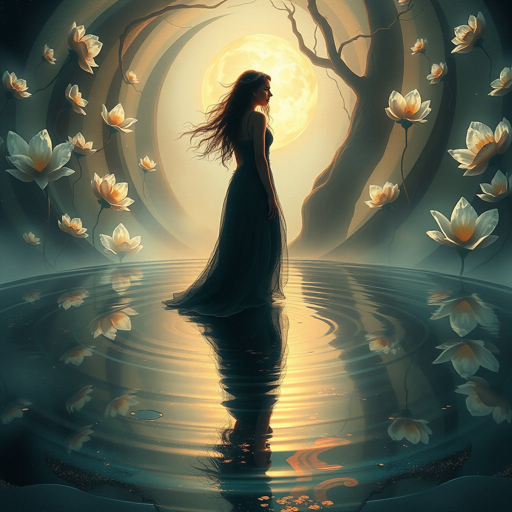 Mystical Woman at Iridescent Mirror Pool