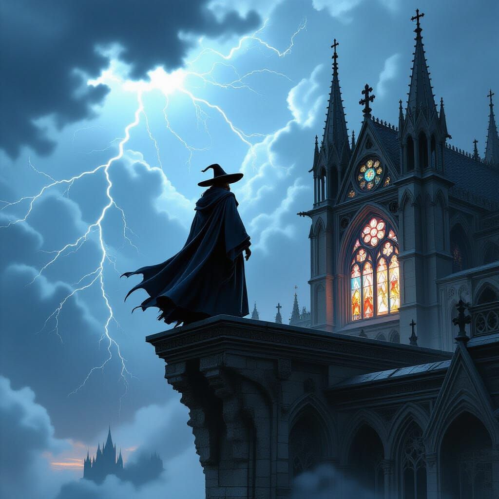Gothic Cathedral with Alchemist in Dark Fantasy Style