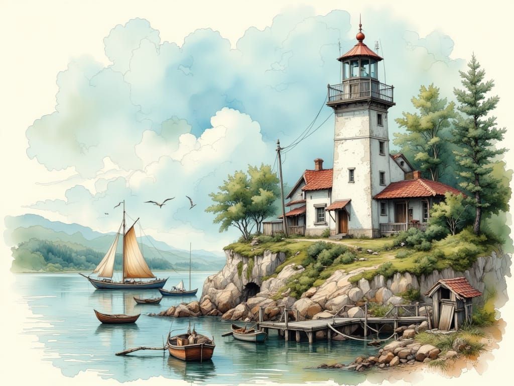Serene Coastal Lighthouse Village in Vintage Style