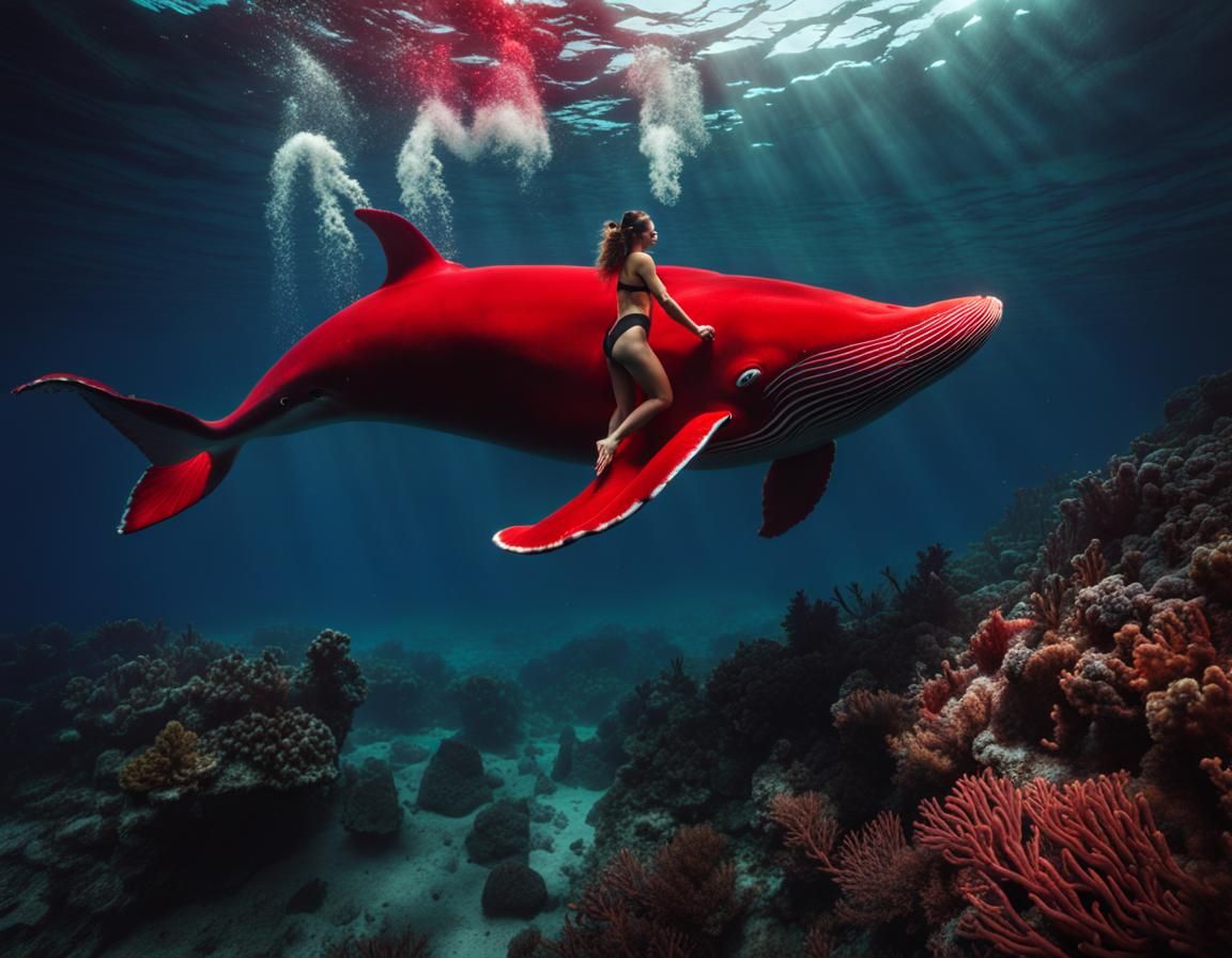 Woman Diving with Whale in Red Swimsuit: Realistic 8K