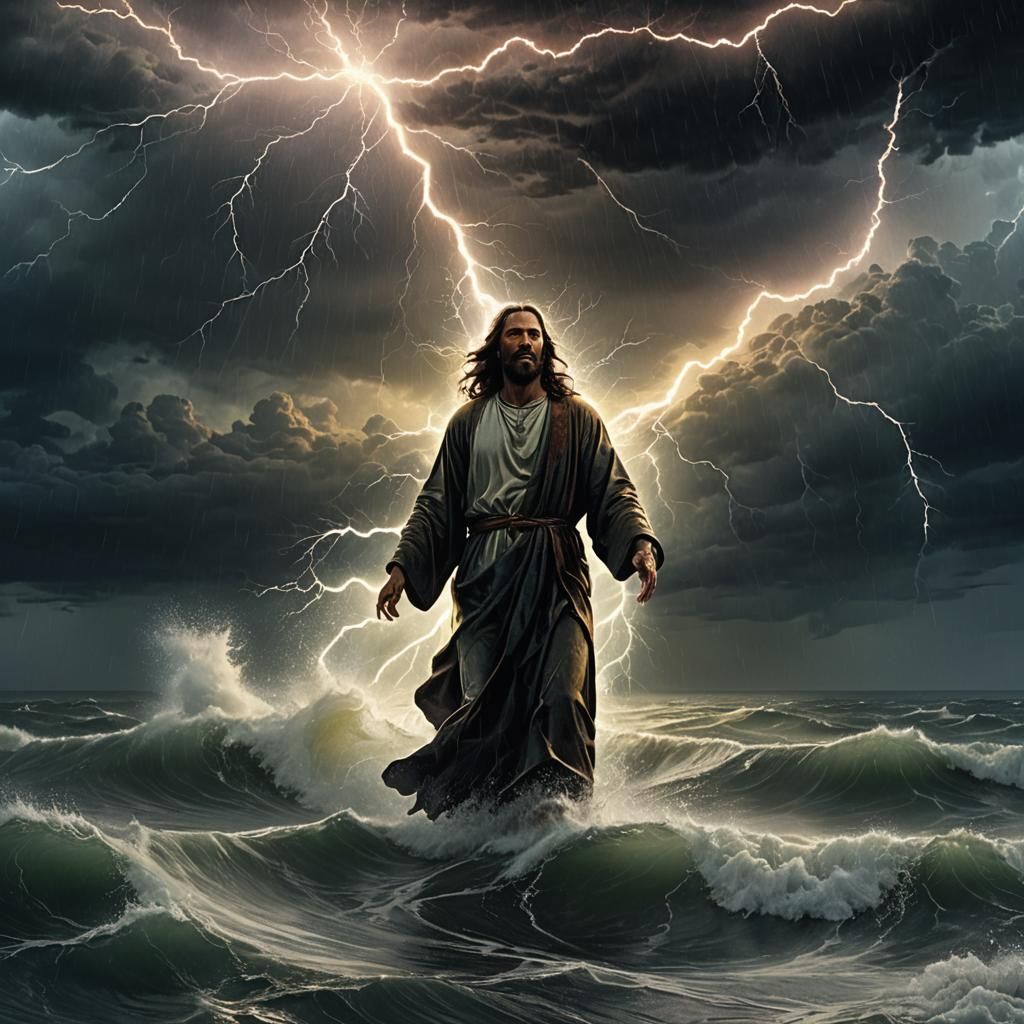 Jesus Walks on Water in Stormy Sea: Digital Painting
