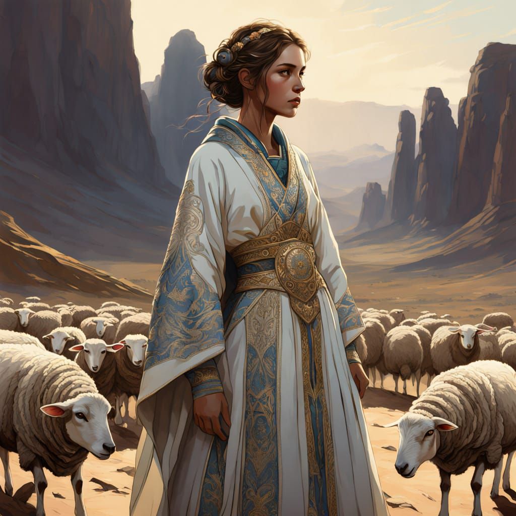 Ethereal Shepherdess in Golden Desert Landscape