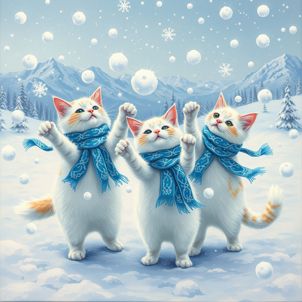 Whimsical Snow Cats Frolic in Winter Wonderland