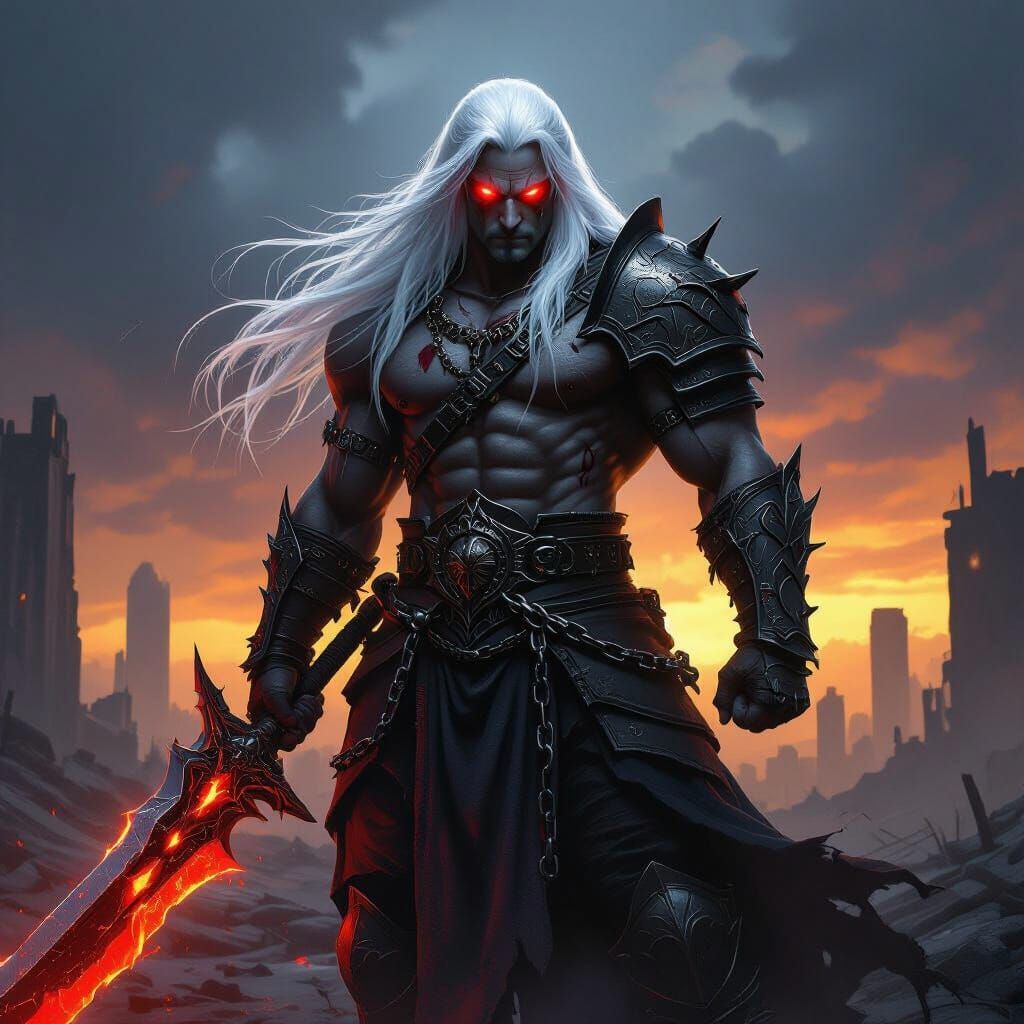 Muscular Warrior with White Hair and Red Eyes