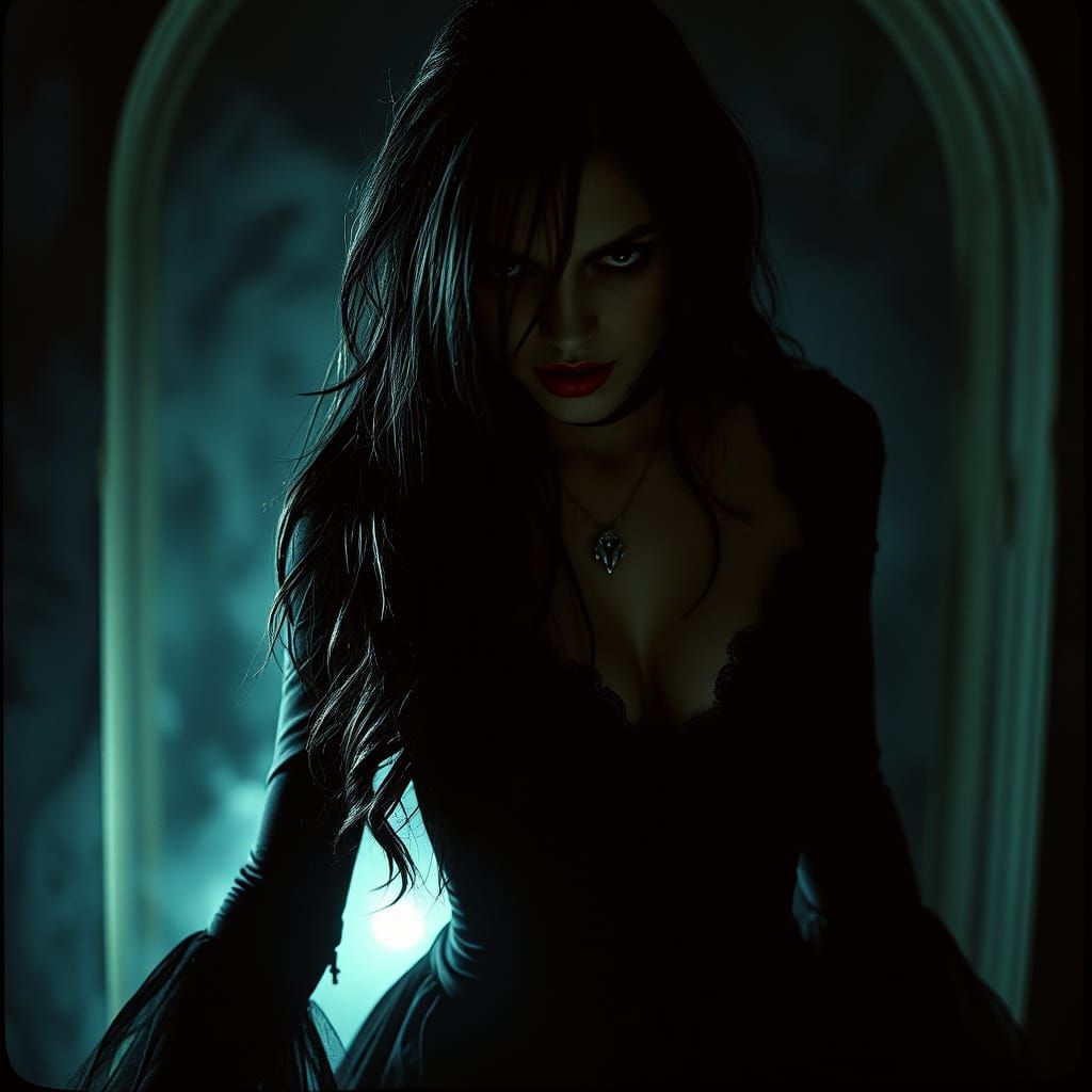 Seductive Vampire Girl in Gothic Film Noir Style