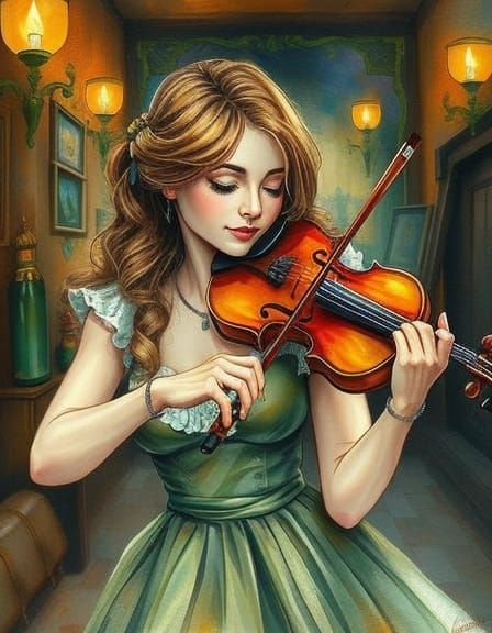 Fiddler Girl in Irish Pub: Ethereal Art Nouveau