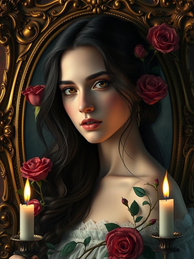 Ethereal Portrait of Woman with Roses and Candles