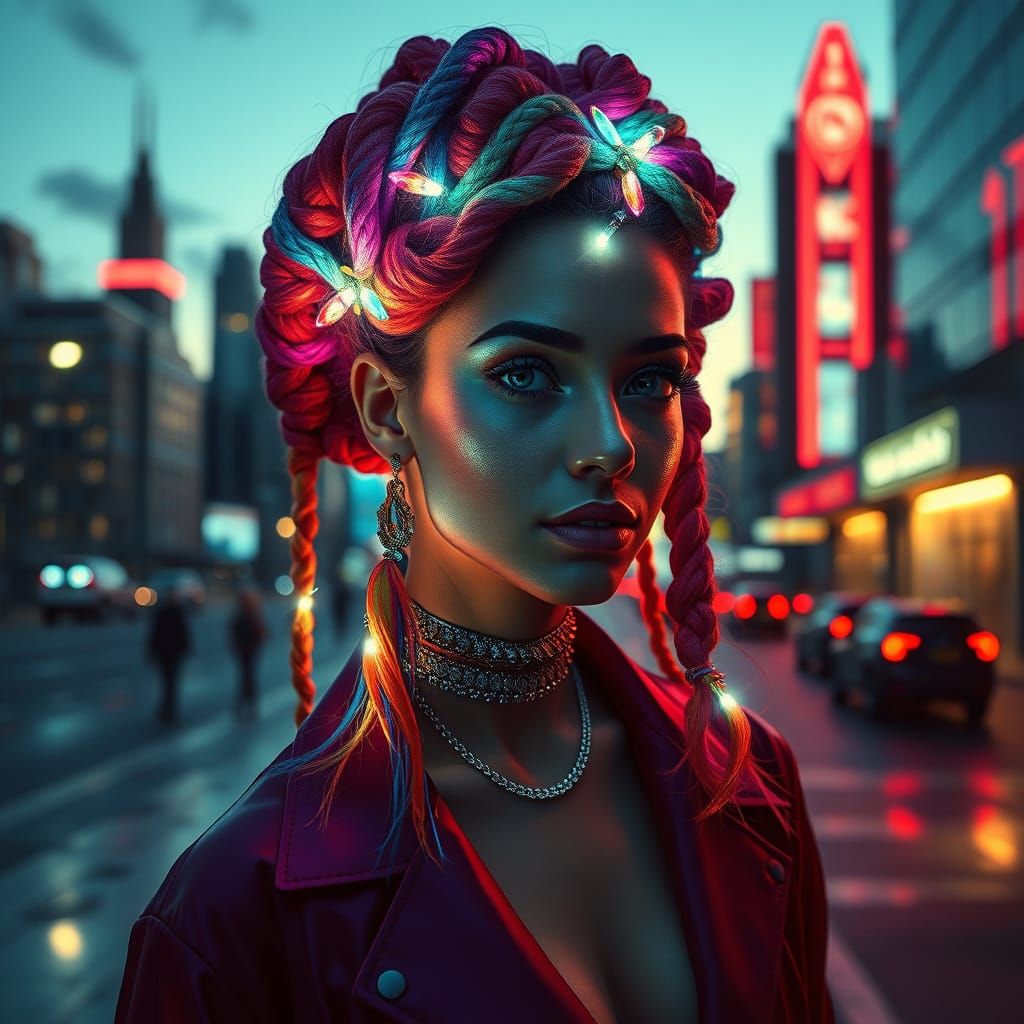 Kaleidoscopic Hair Sculpture in Futuristic Cityscape