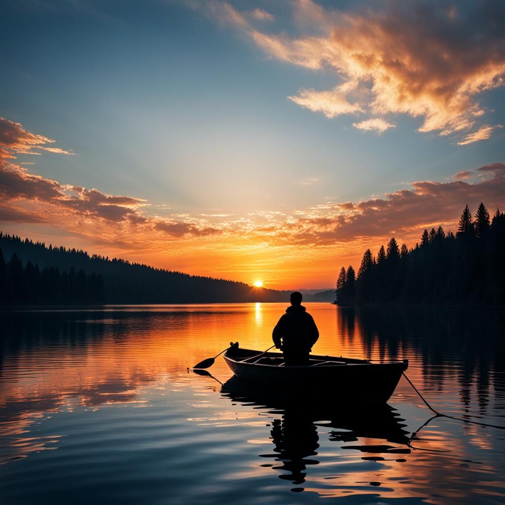 Silhouette on Lake at Sunset: High-Resolution Photograph