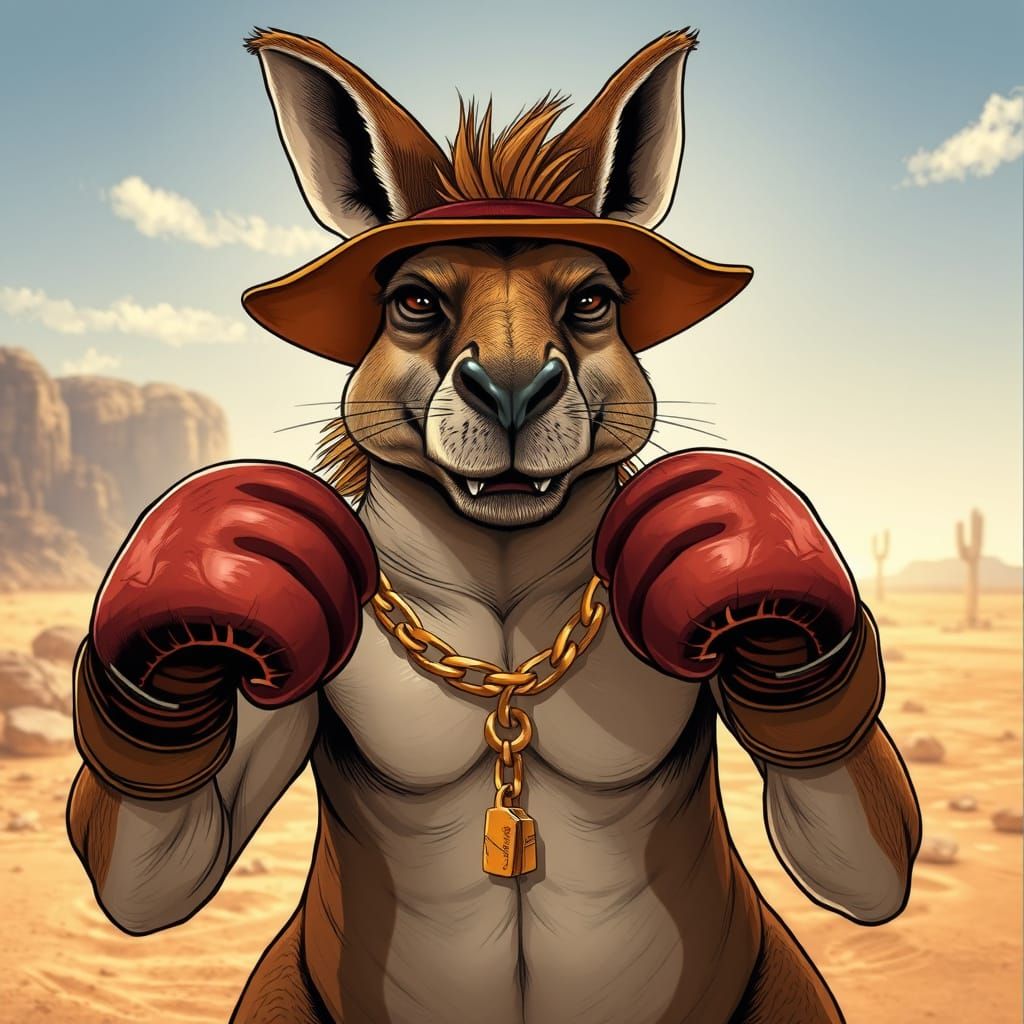 Boxing Kangaroo in Rugged, Retro-Futuristic Style