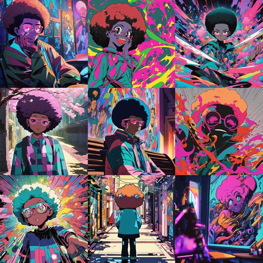 Surreal Anime-Inspired Portrait of Afroed College Girl in Vi...