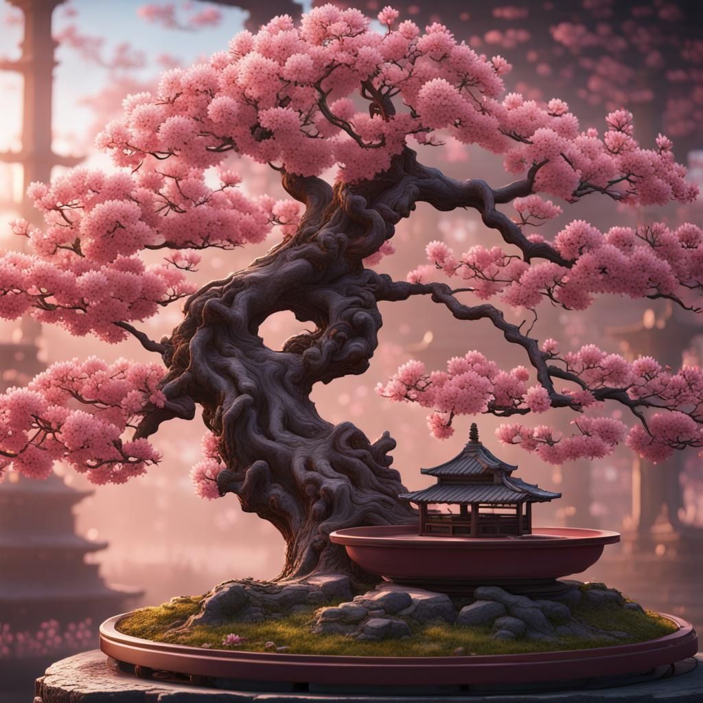 Fantastical Cherry Blossom Bonsai: Detailed Digital Painting