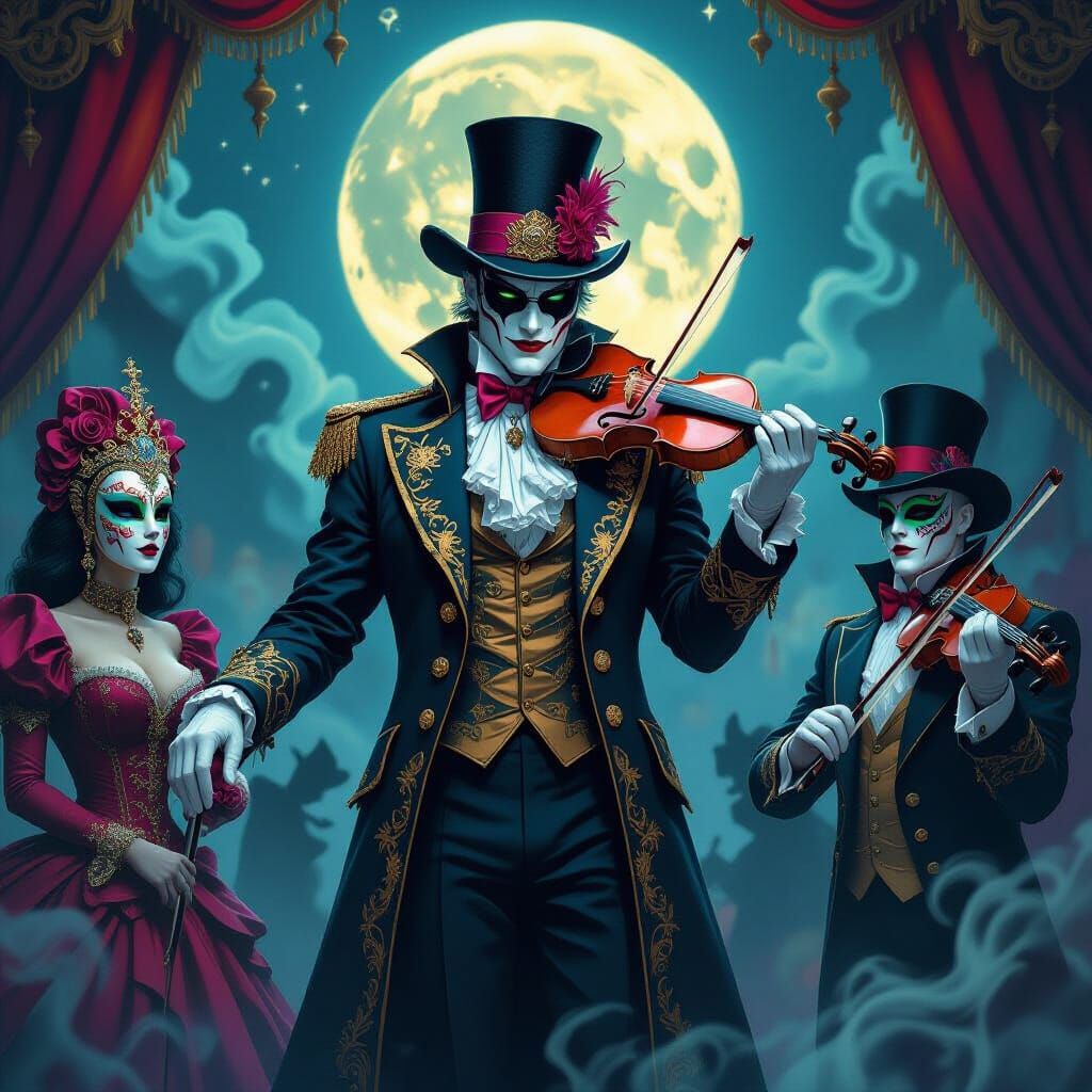 Mystical Gothic Carnival Ringmaster in Surreal Moonlight