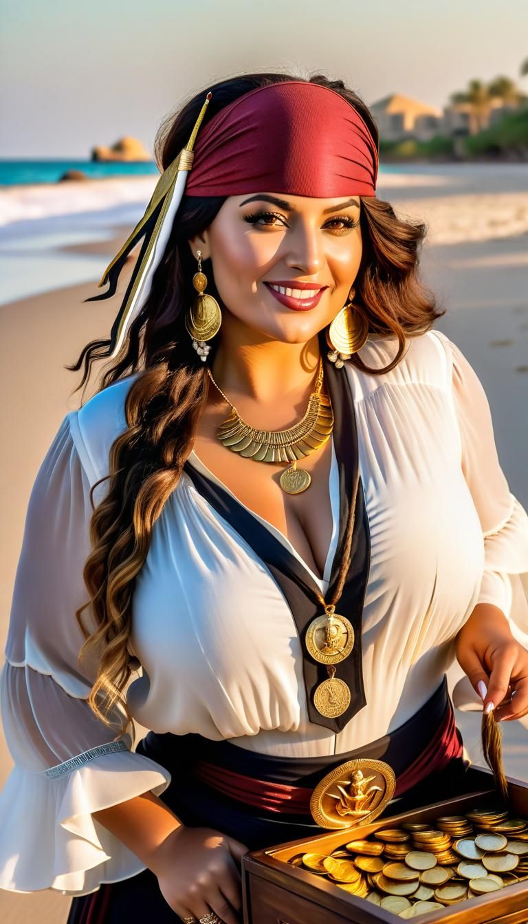 Curvy Egyptian Woman with Pirate Treasure at Sunset