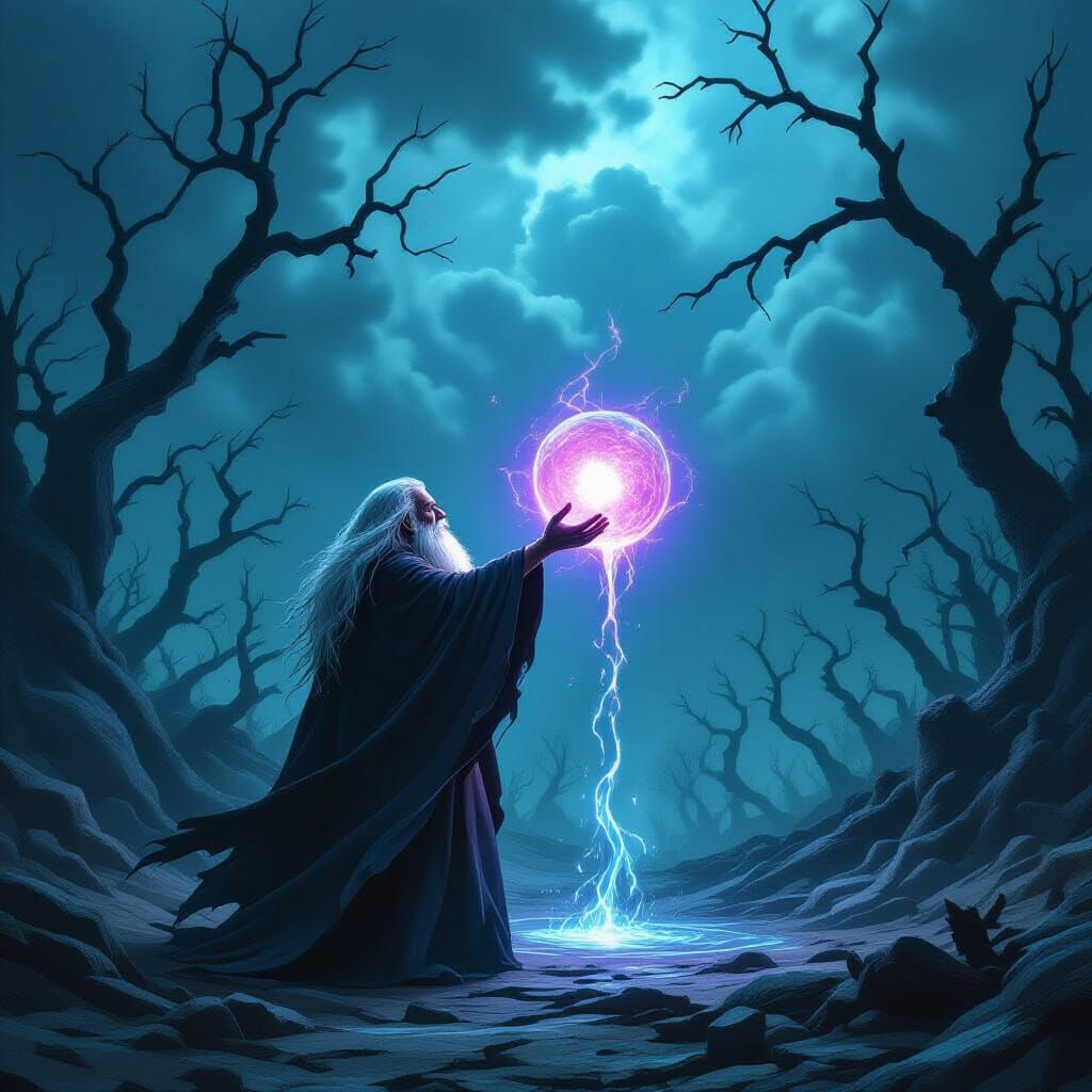 Old Man Touches Magic Orb in Ruined Forest