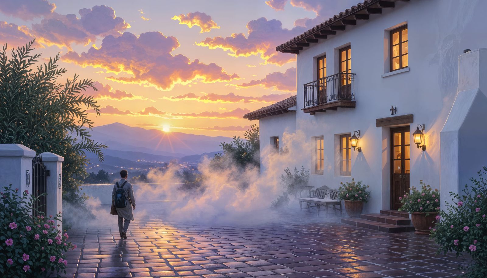 Ethereal Mist Rises Over Baja Hotel Backyard