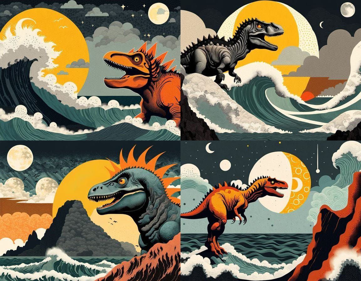 Dinosaur on Cliff in Stormy Night, Mixed Media Collage