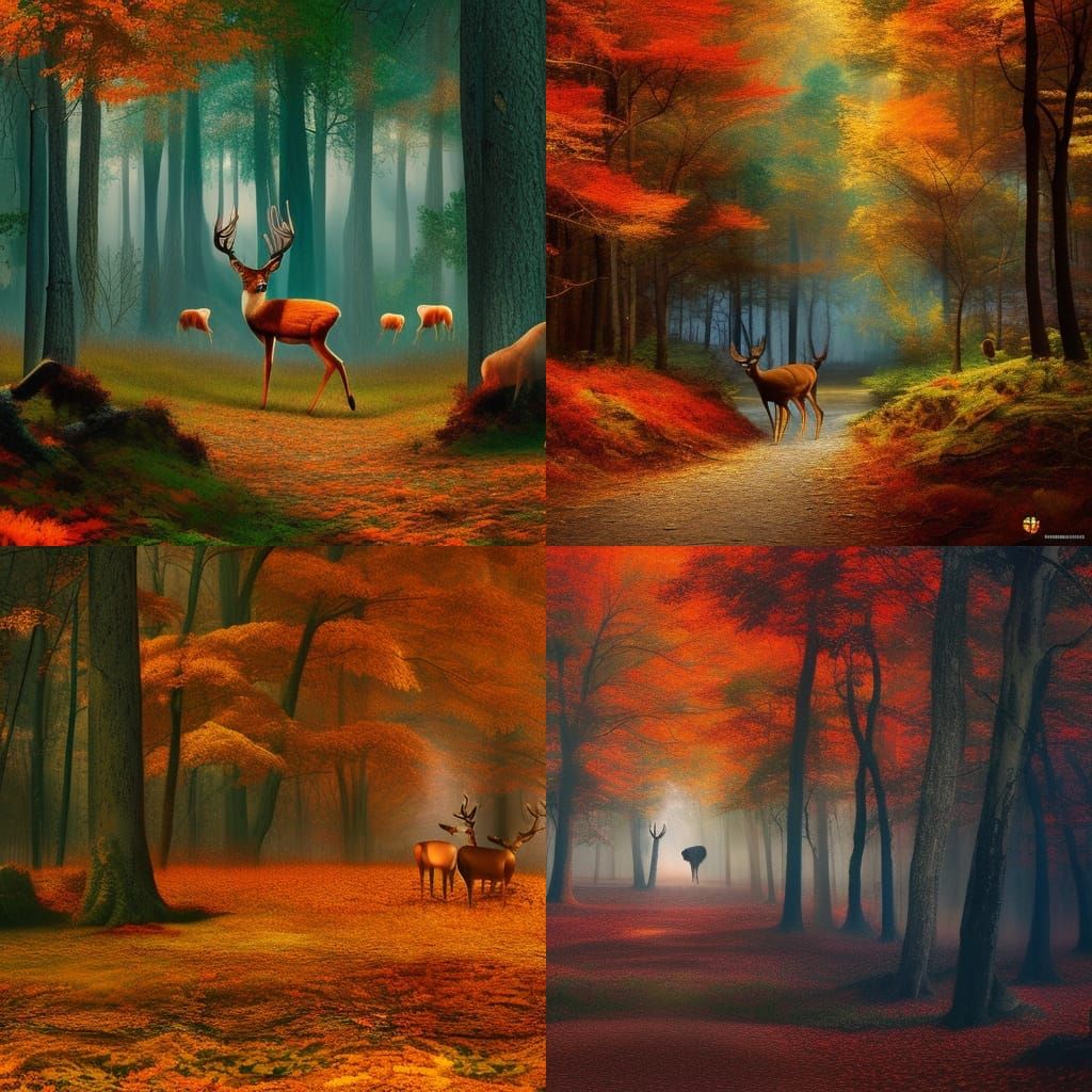 Autumn Forest with Deer in Hyperrealistic Style