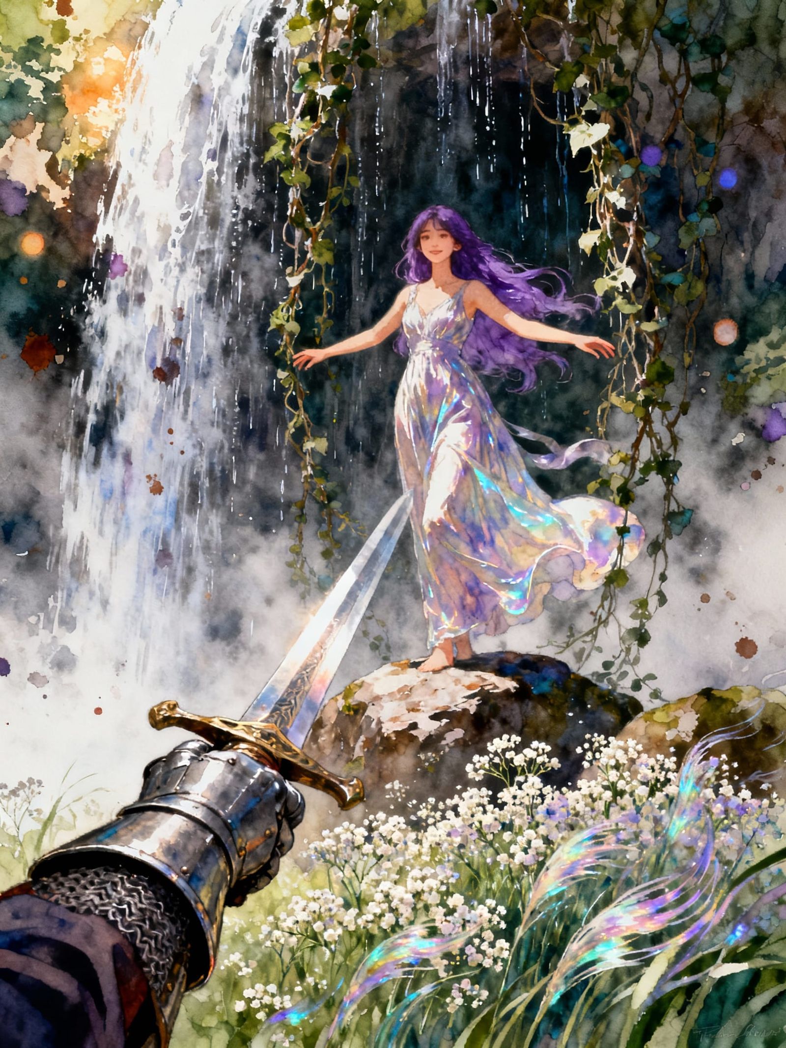 Knight Meets Mysterious Woman in Misty Waterfall
