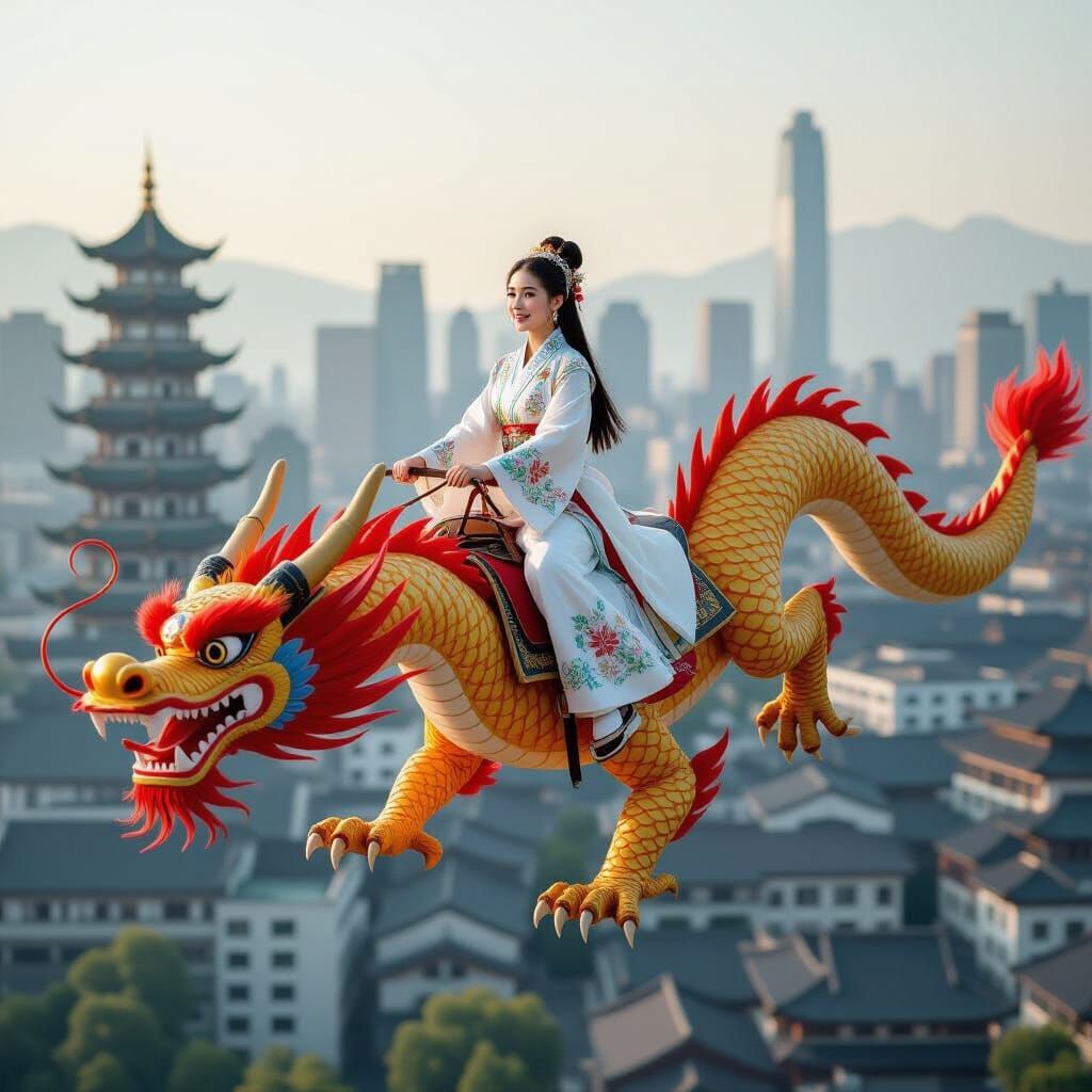 Hanfu Woman Rides Dragon Over Cityscape