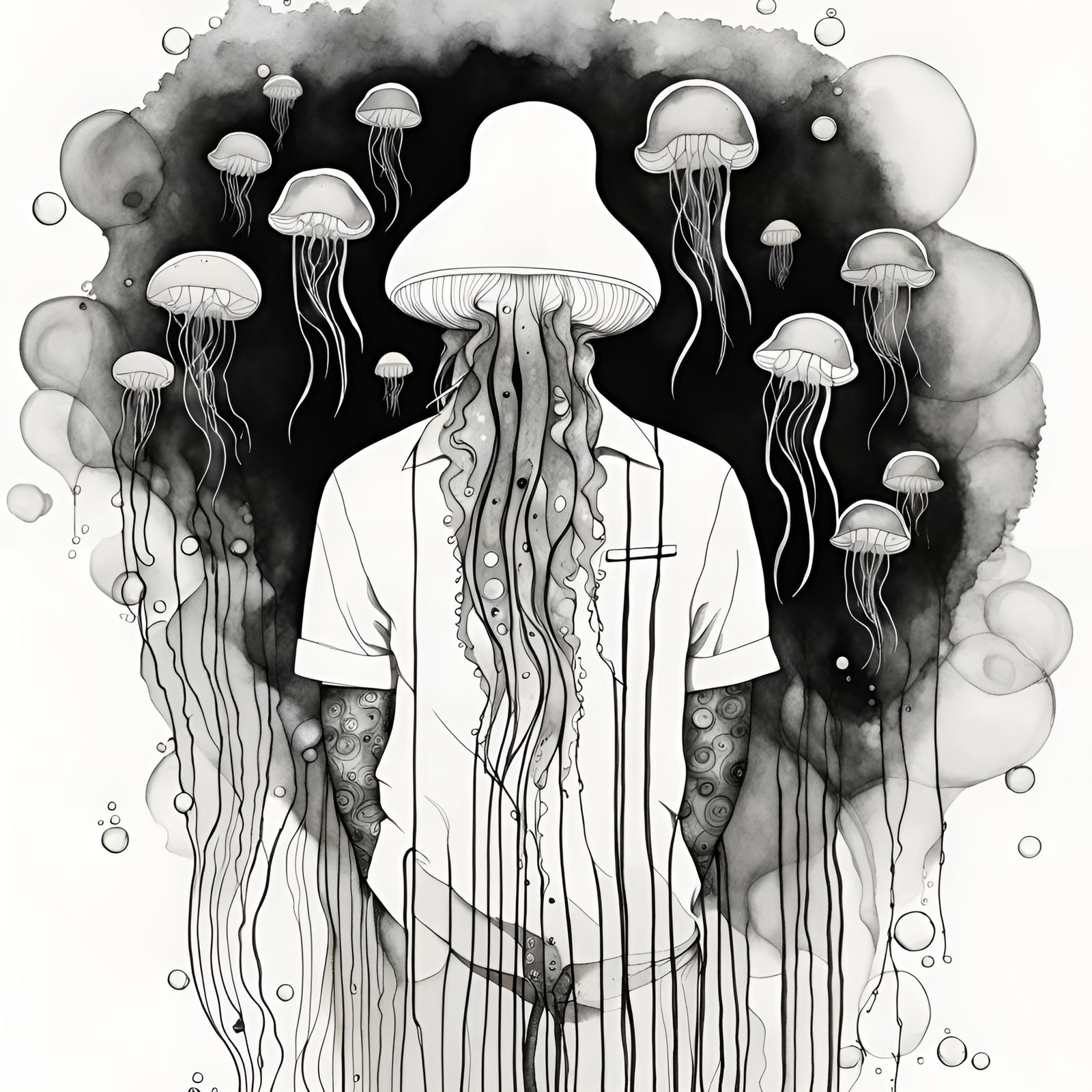 Bioluminescent Jellyfish Double Exposure Portrait in Ink