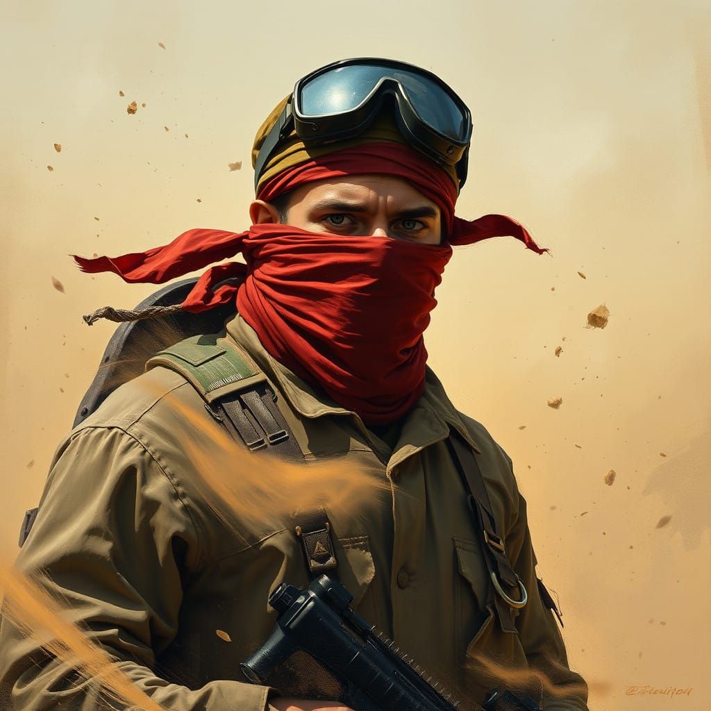 Soldier in Crimson Bandana Bracing Against Turbulent Sandsto...