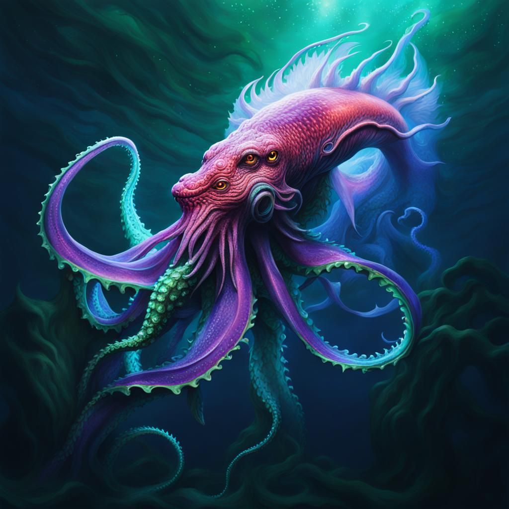 Cthulhu Battles Colossal Squid in Dark Fantasy