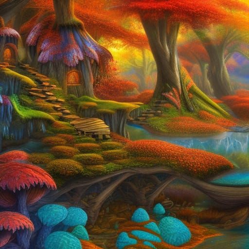 Mushroom Treehouse Village in Autumn Woods