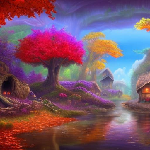 Mushroom Treehouse in Autumn Woods, Digital Painting