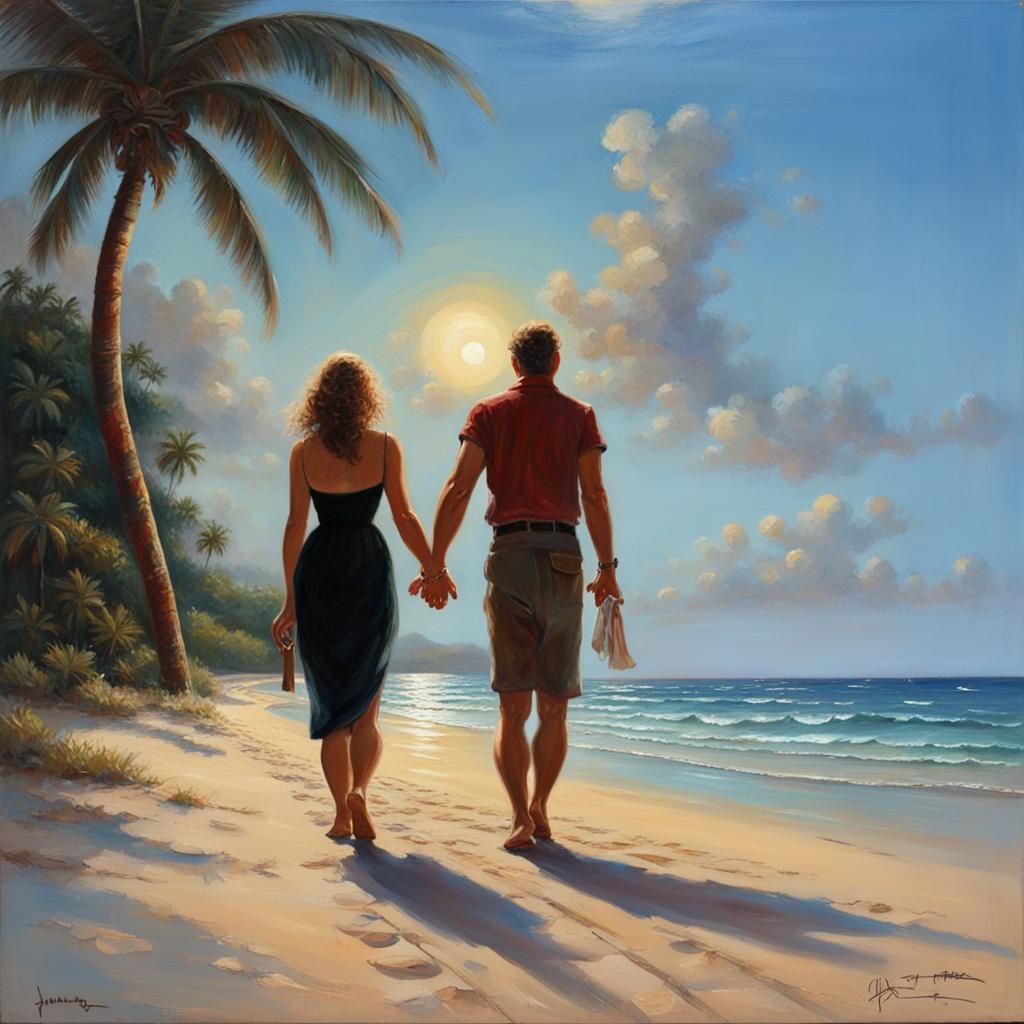 Tropical Beach Sunset Oil Painting