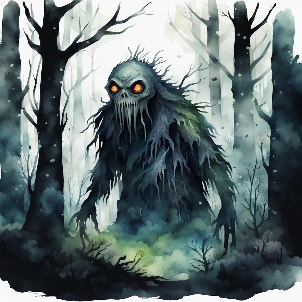 Creepy Creature in Dark Forest Watercolor Style