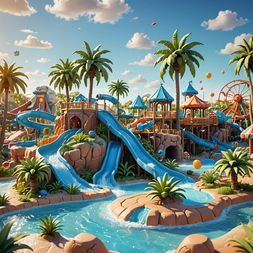 Vibrant 3D Clay Water Park Model in Pixar Style