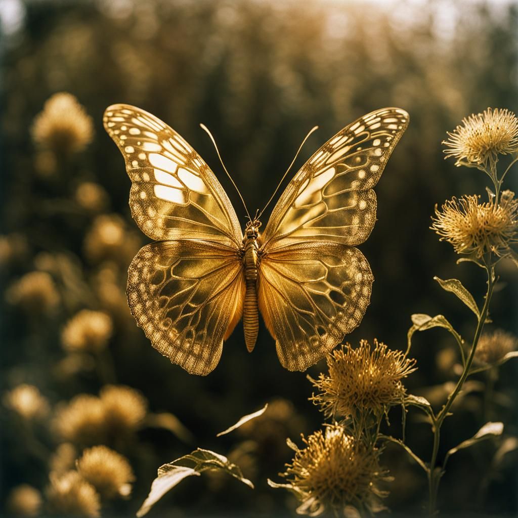 Golden Butterfly in Hyperrealistic Kodak Ektar Style